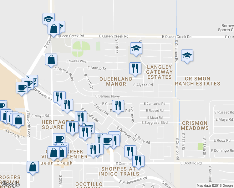 map of restaurants, bars, coffee shops, grocery stores, and more near 21219 East Nightingale Road in Queen Creek