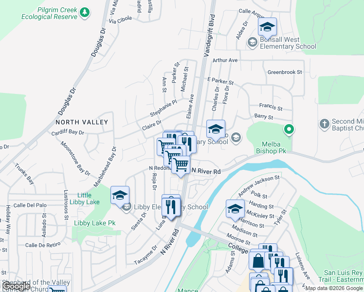 map of restaurants, bars, coffee shops, grocery stores, and more near 557 Elaine Avenue in Oceanside
