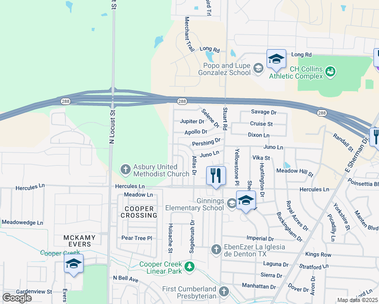 map of restaurants, bars, coffee shops, grocery stores, and more near 3925 Atlas Drive in Denton