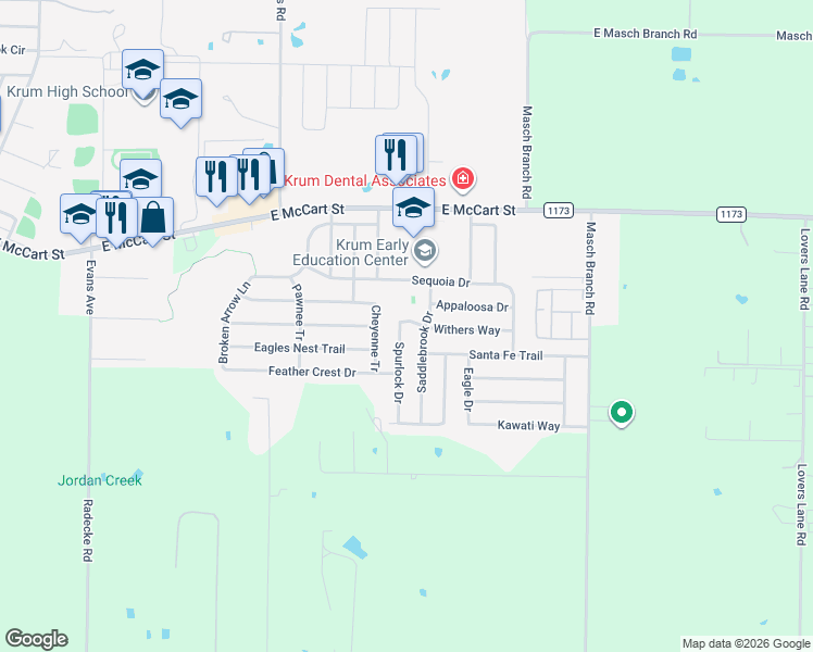 map of restaurants, bars, coffee shops, grocery stores, and more near 300 Spurlock Drive in Krum