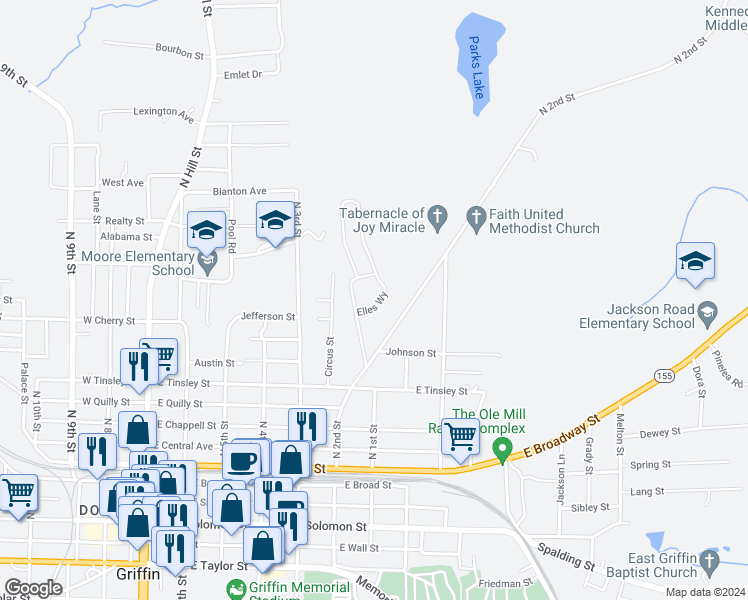 map of restaurants, bars, coffee shops, grocery stores, and more near 588 Elles Way in Griffin