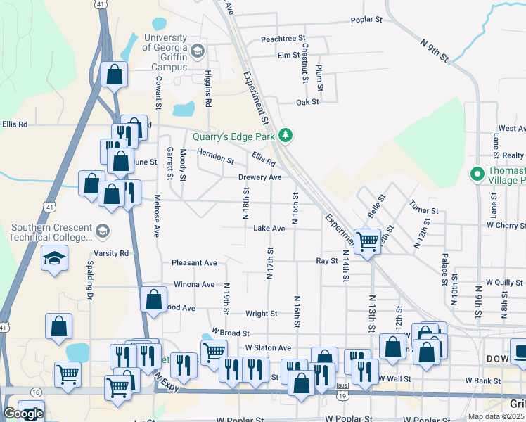 map of restaurants, bars, coffee shops, grocery stores, and more near 1110 Lyndon Avenue in Griffin