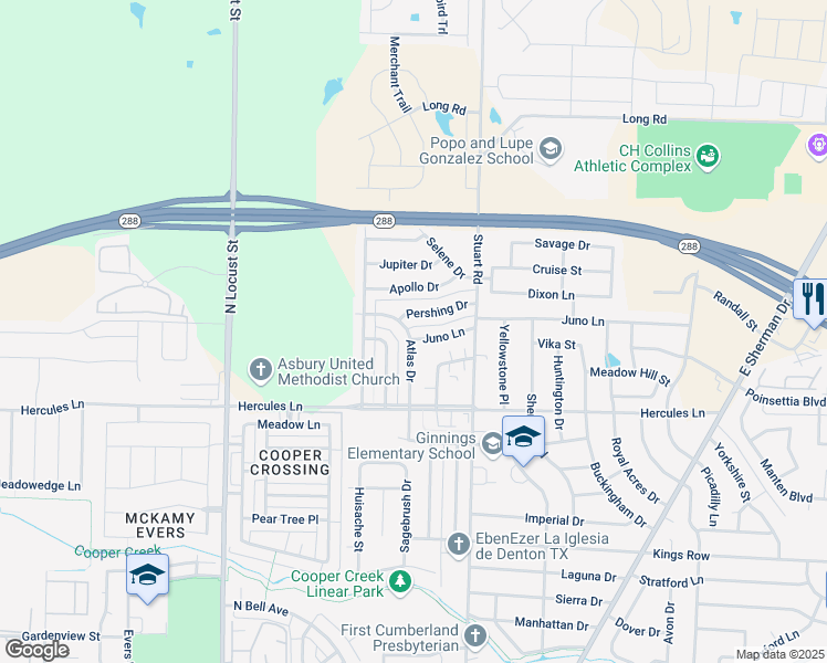 map of restaurants, bars, coffee shops, grocery stores, and more near 3925 Atlas Drive in Denton