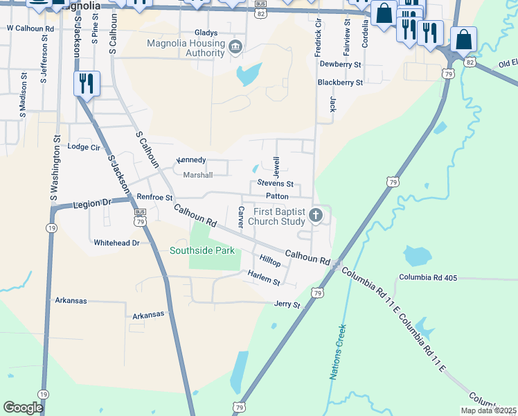map of restaurants, bars, coffee shops, grocery stores, and more near 1206 Harper Street in Magnolia