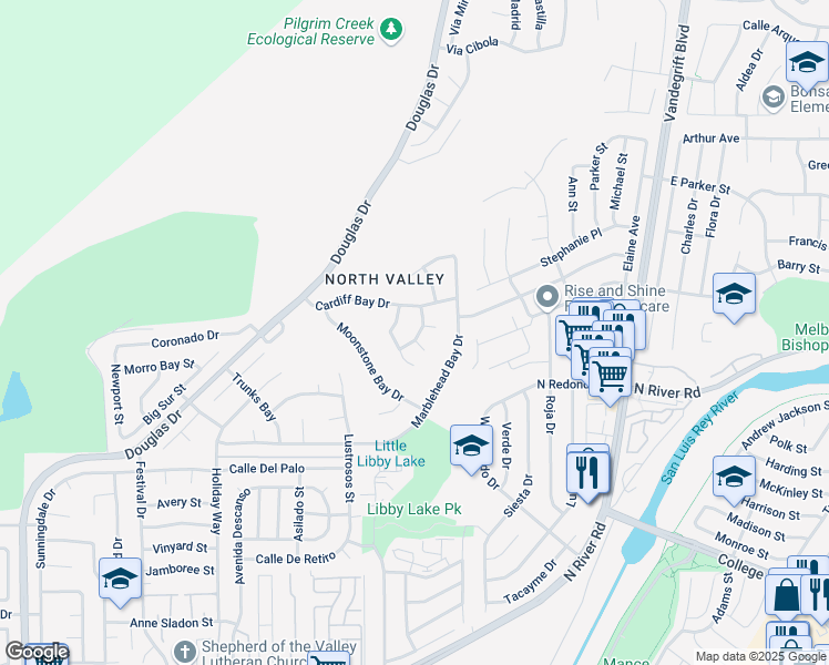 map of restaurants, bars, coffee shops, grocery stores, and more near 363 Solano Bay Court in Oceanside