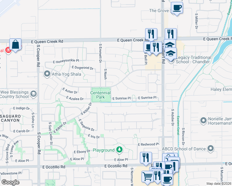 map of restaurants, bars, coffee shops, grocery stores, and more near 3379 South Nash Way in Chandler