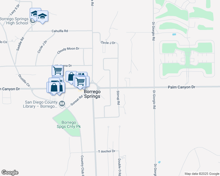 map of restaurants, bars, coffee shops, grocery stores, and more near Flying U Road in Borrego Springs