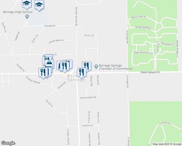 map of restaurants, bars, coffee shops, grocery stores, and more near Flying U Road in Borrego Springs