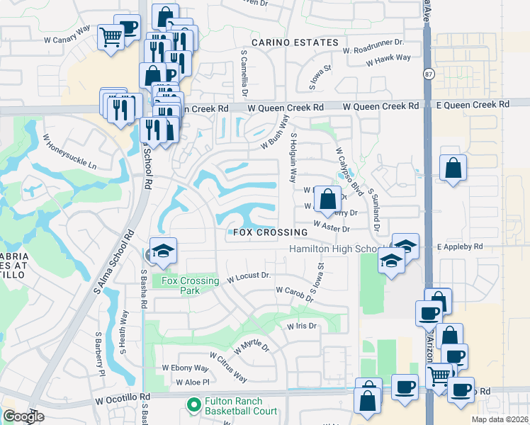 map of restaurants, bars, coffee shops, grocery stores, and more near 632 West Aster Court in Chandler