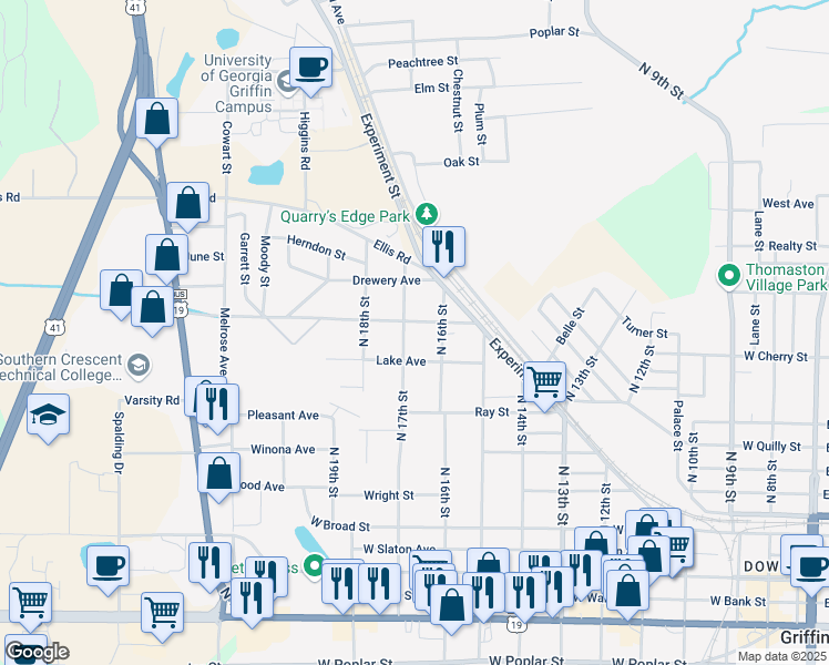 map of restaurants, bars, coffee shops, grocery stores, and more near 526 North 17th Street in Griffin