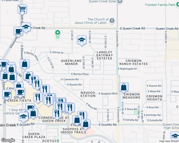 map of restaurants, bars, coffee shops, grocery stores, and more near 21367 East Nightingale Road in Queen Creek