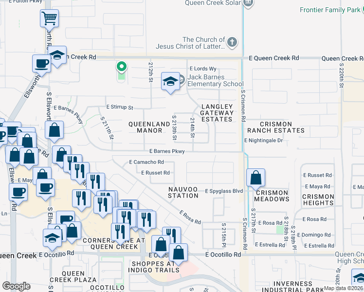 map of restaurants, bars, coffee shops, grocery stores, and more near 21367 East Nightingale Road in Queen Creek