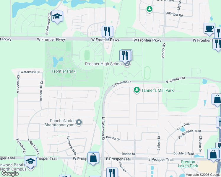 map of restaurants, bars, coffee shops, grocery stores, and more near 3000 North Coleman Street in Prosper