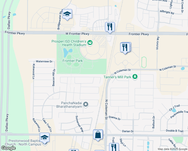 map of restaurants, bars, coffee shops, grocery stores, and more near 320 Evening Sun Drive in Prosper
