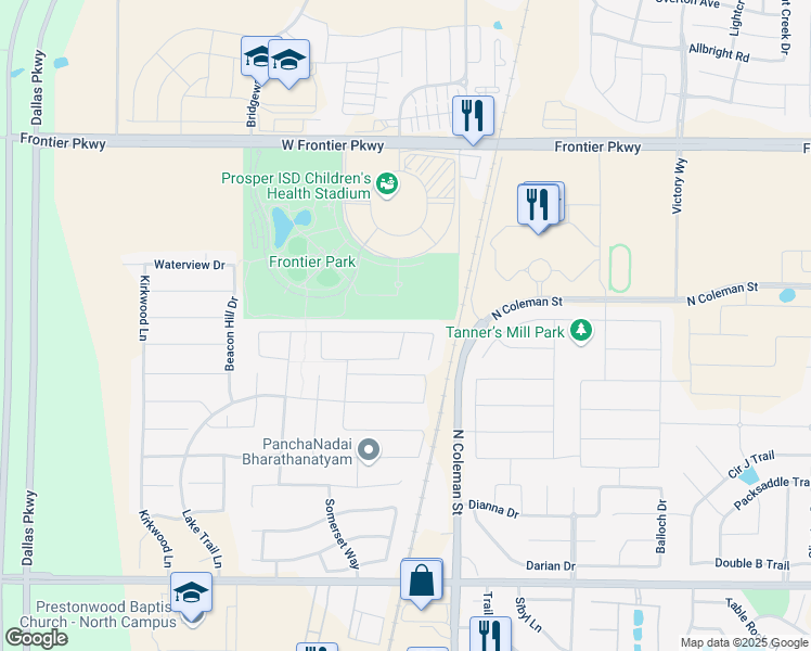 map of restaurants, bars, coffee shops, grocery stores, and more near 320 Evening Sun Drive in Prosper
