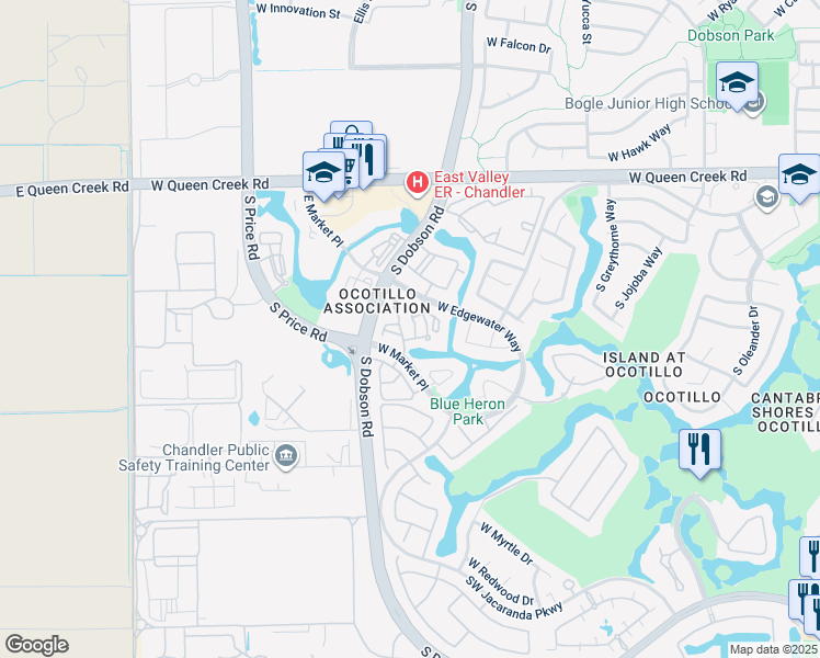 map of restaurants, bars, coffee shops, grocery stores, and more near 2471 West Edgewater Way in Chandler