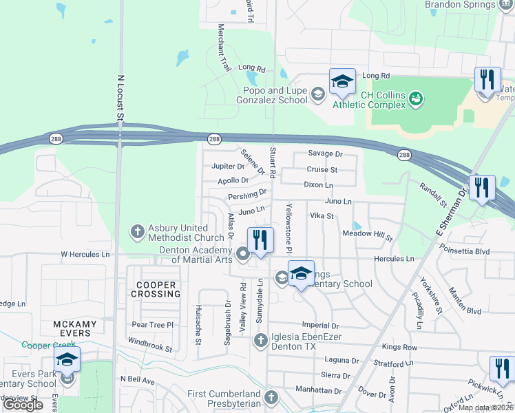 map of restaurants, bars, coffee shops, grocery stores, and more near 707 Juno Lane in Denton
