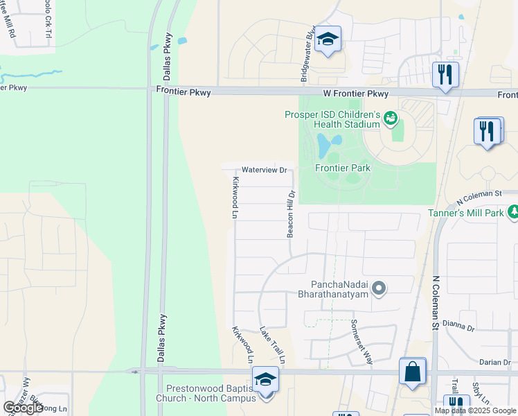 map of restaurants, bars, coffee shops, grocery stores, and more near 941 Rustic Lane in Prosper