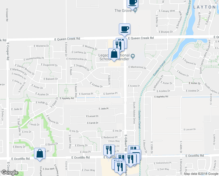 map of restaurants, bars, coffee shops, grocery stores, and more near 2861 East Azalea Drive in Chandler