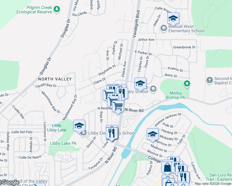 map of restaurants, bars, coffee shops, grocery stores, and more near 557 Elaine Avenue in Oceanside