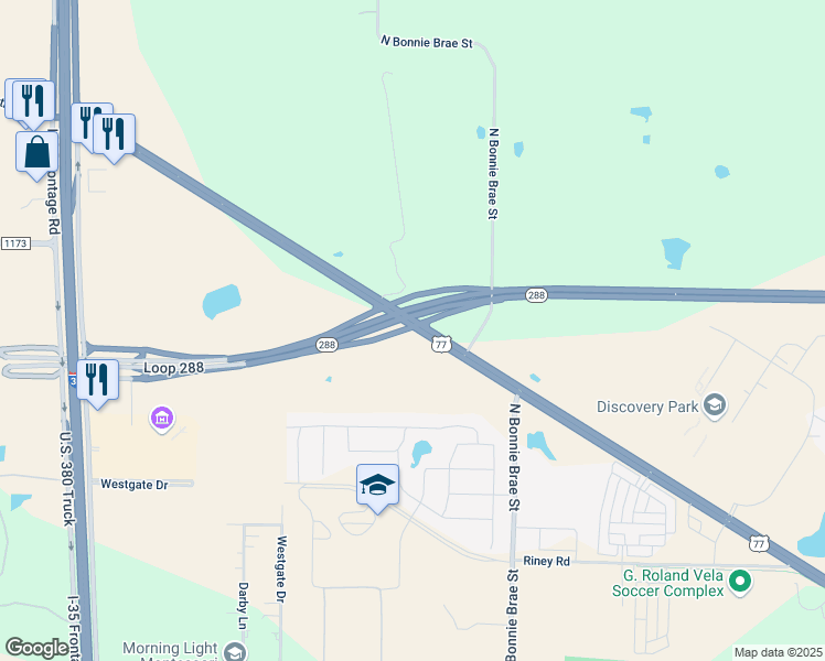 map of restaurants, bars, coffee shops, grocery stores, and more near 4005 North Elm Street in Denton
