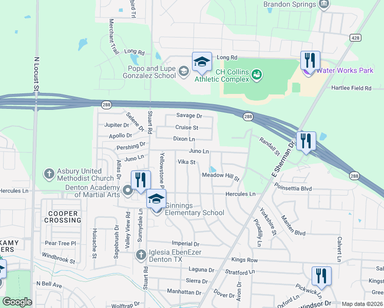 map of restaurants, bars, coffee shops, grocery stores, and more near 3920 Sheraton Road in Denton
