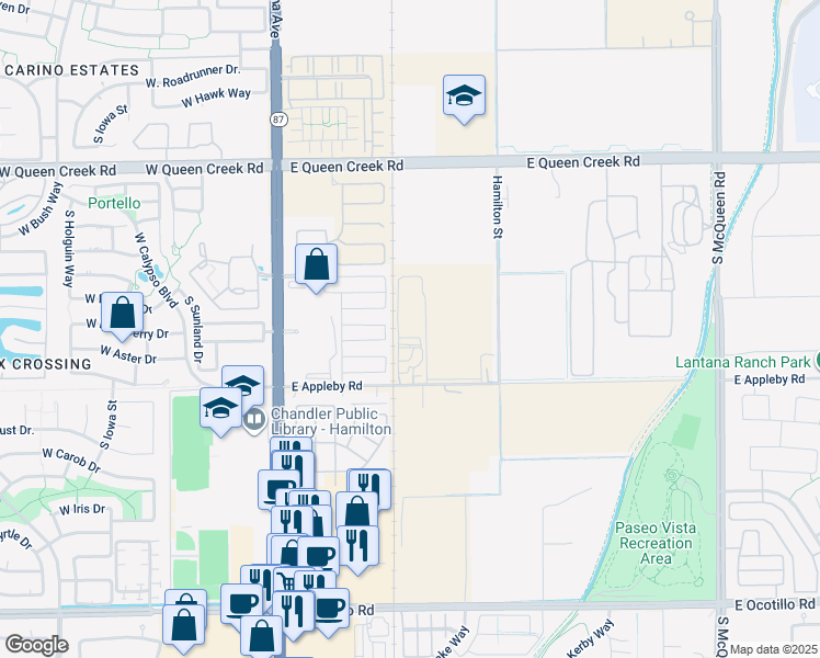 map of restaurants, bars, coffee shops, grocery stores, and more near 11428 East Appleby Road in Chandler