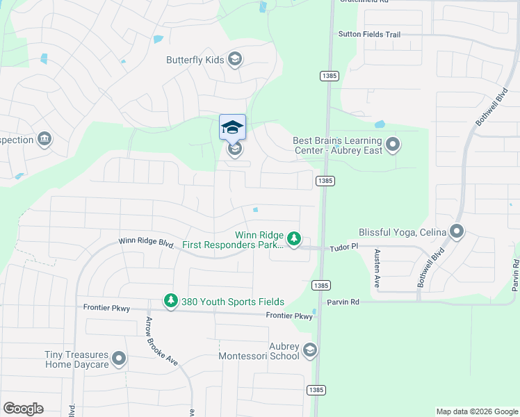 map of restaurants, bars, coffee shops, grocery stores, and more near 1705 Vernon Drive in Denton County