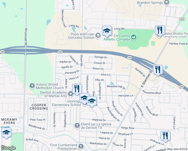 map of restaurants, bars, coffee shops, grocery stores, and more near 4024 Sheraton Road in Denton