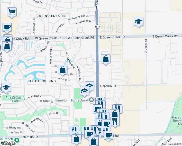 map of restaurants, bars, coffee shops, grocery stores, and more near 92 West Aster Drive in Chandler