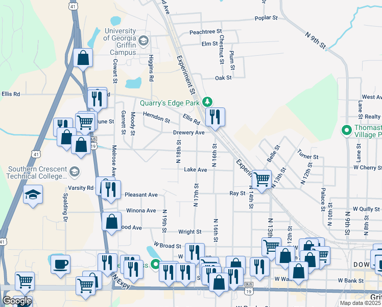 map of restaurants, bars, coffee shops, grocery stores, and more near 1110 Lyndon Avenue in Griffin