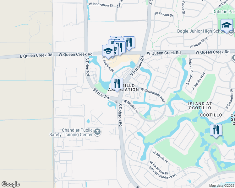 map of restaurants, bars, coffee shops, grocery stores, and more near 3377 South Price Road in Chandler