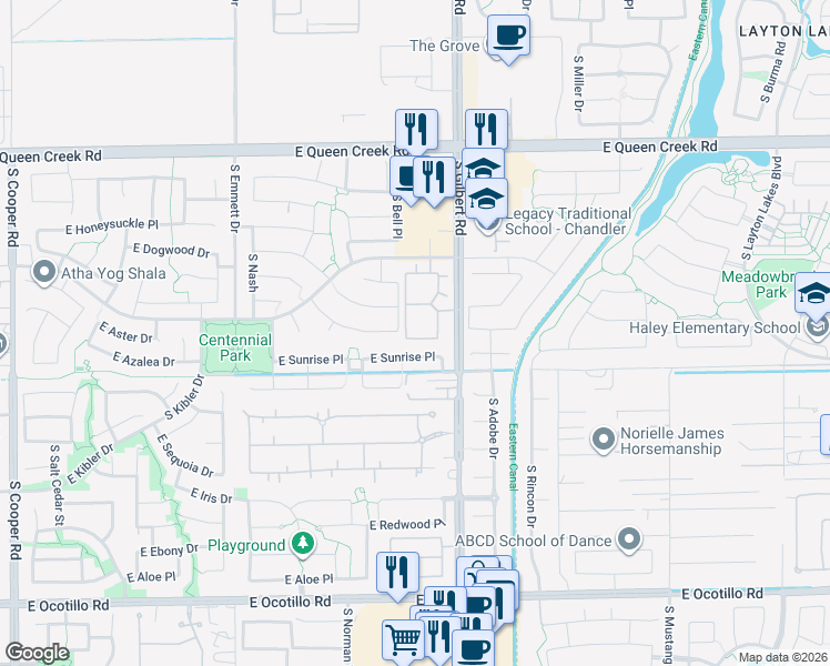 map of restaurants, bars, coffee shops, grocery stores, and more near 2970 East Sunrise Place in Chandler