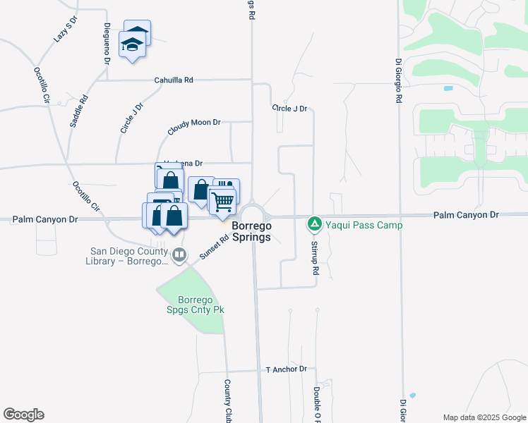 map of restaurants, bars, coffee shops, grocery stores, and more near Christmas Circle in Borrego Springs