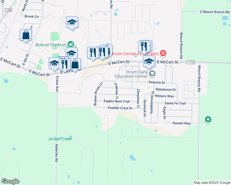 map of restaurants, bars, coffee shops, grocery stores, and more near 1233 Aztec Tr in Krum