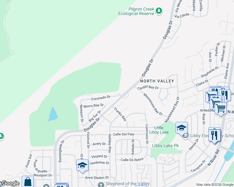 map of restaurants, bars, coffee shops, grocery stores, and more near 4596 Coronado Drive in Oceanside