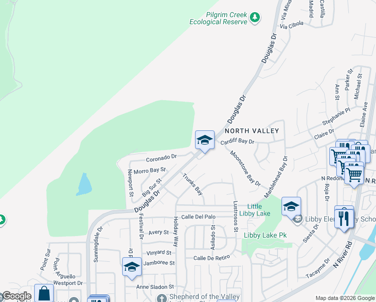 map of restaurants, bars, coffee shops, grocery stores, and more near 4596 Coronado Drive in Oceanside