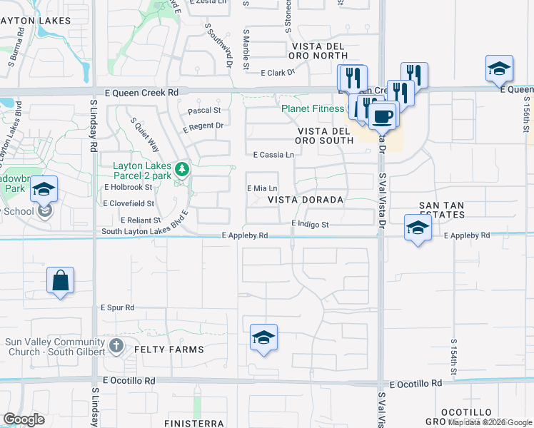 map of restaurants, bars, coffee shops, grocery stores, and more near 1302 Indigo Street in Gilbert