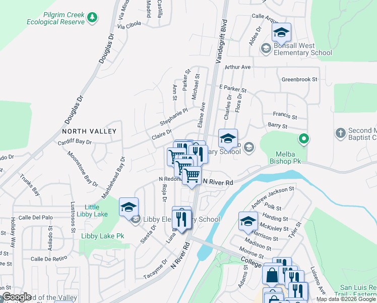 map of restaurants, bars, coffee shops, grocery stores, and more near 557 Elaine Avenue in Oceanside