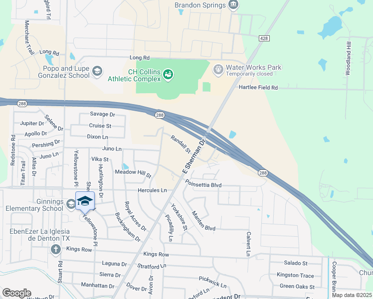 map of restaurants, bars, coffee shops, grocery stores, and more near 3851 East Sherman Drive in Denton
