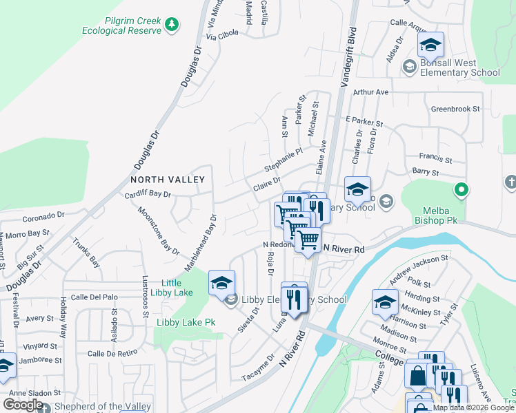 map of restaurants, bars, coffee shops, grocery stores, and more near 531 Roja Drive in Oceanside