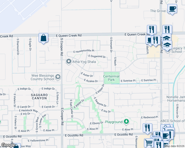 map of restaurants, bars, coffee shops, grocery stores, and more near 2329 East Aster Drive in Chandler
