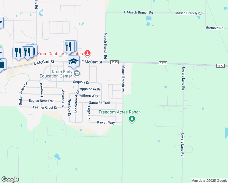 map of restaurants, bars, coffee shops, grocery stores, and more near 4891 Masch Branch Road in Krum