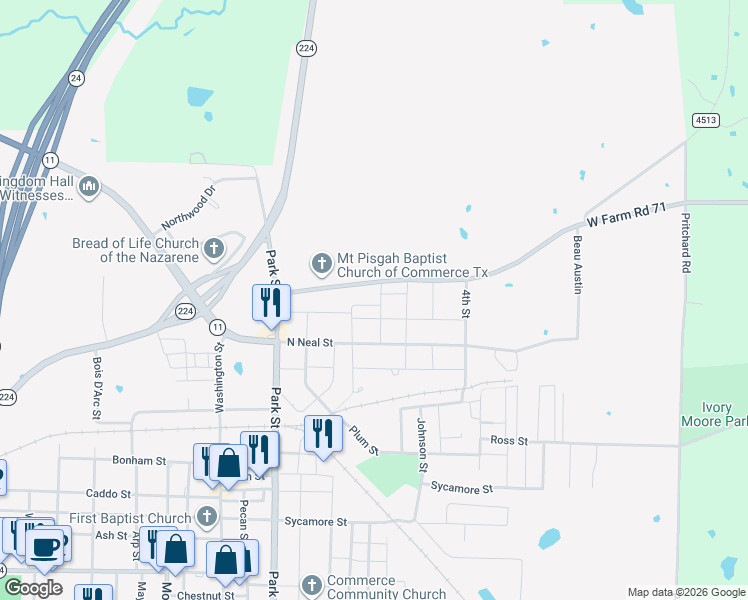 map of restaurants, bars, coffee shops, grocery stores, and more near 611 Oak Street in Commerce