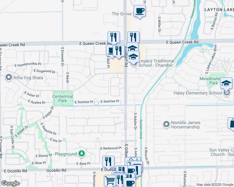 map of restaurants, bars, coffee shops, grocery stores, and more near 2970 East Sunrise Place in Chandler
