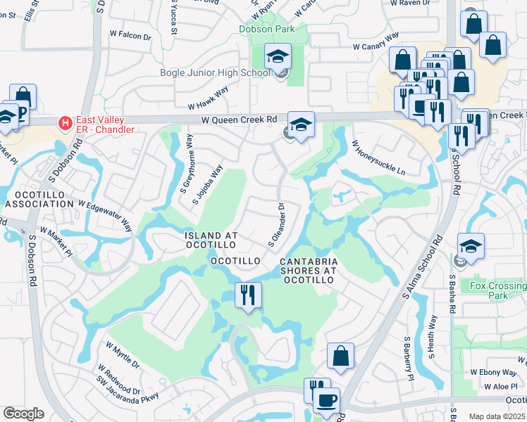 map of restaurants, bars, coffee shops, grocery stores, and more near 1595 West Hackberry Drive in Chandler
