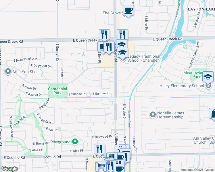 map of restaurants, bars, coffee shops, grocery stores, and more near 2970 East Sunrise Place in Chandler