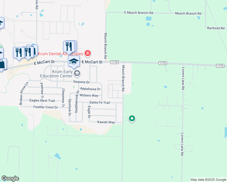 map of restaurants, bars, coffee shops, grocery stores, and more near 1647 Sequoia Drive in Krum