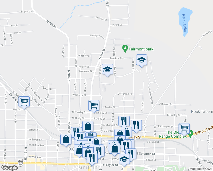 map of restaurants, bars, coffee shops, grocery stores, and more near 527 Clifton Drive in Griffin