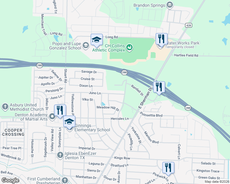map of restaurants, bars, coffee shops, grocery stores, and more near 1112 Juno Lane in Denton
